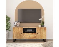 Tv-kast Mangohout - Mediameubel Lowboard - Opbergen Media - Natuurlijke Houtnerf - 105 x 335 x 46 cm - Lichtbruin