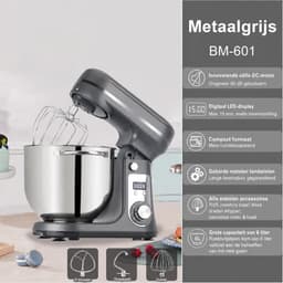Novari Keukenmixer - Keukenmachine - Keukenrobot - Deegkneder - 1200W motor - 6 snelheden - Stille werking - 6 liter kom - Grijs — thumbnail 3