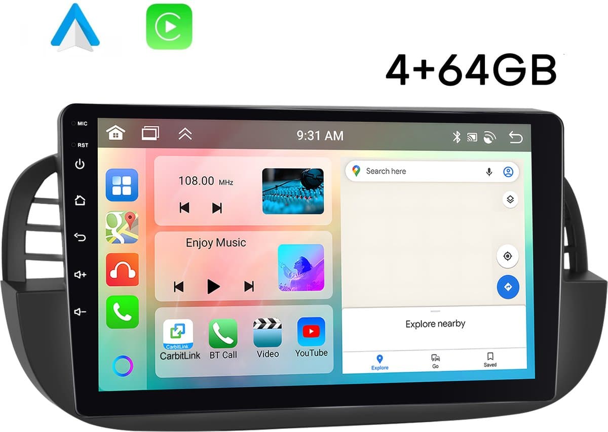 Boscer Autoradio - Geschikt voor Fiat 500 2007-2015 - Android 15 - Apple Carplay & Android Auto (Draadloos) - 4+64GB - 9 Inch HD IPS Touchscreen - GPS, WIFi, Bluetooth, USB, MP5 - Zwart - Achteruitrijcamera & Microfoon — afbeelding 1
