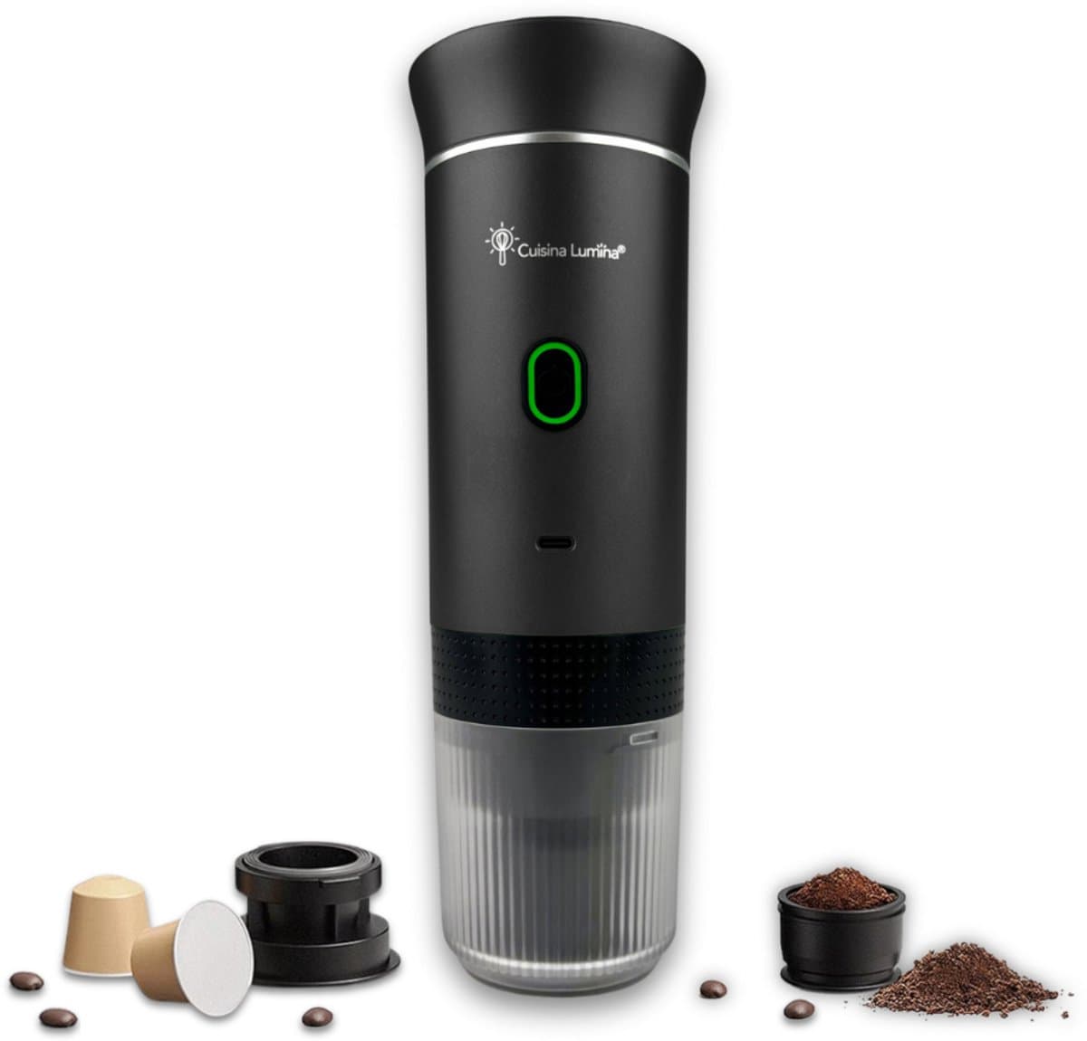 Draagbare koffiemachine - Cuisina Lumina ® - Hoogwaardige kwaliteit - 120 ML - Voor onderweg - Draagbaar koffiezetapparaat - Camping gadget - Oplaadbaar - Verwarmt water - Koffiecups & gemalen koffie - Espresso & Lungo - Matte zwart — afbeelding 1