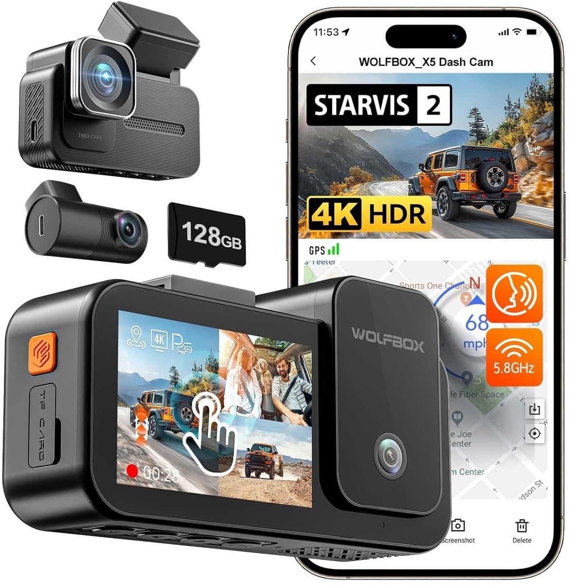 Wolfbox X5 Touch 3CH 4K Wifi Gps 128gb dashcam - Camera voor + achter + interieur - 2,35 inch touchscreen Lcd - Wifi en Gps - Parkeermodus - 4K resolutie - 128gb Micro SD kaart - dashcam voor auto — afbeelding 1