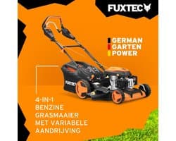FUXTEC 4-in-1 Benzine Grasmaaier FX-RM5196PRO – 6 pk (4,4 kW) – 51 cm Maaibreedte – Flexibele Aandrijving – 4-Takt – Maaihoogte 25–75 mm – 60 L Grasopvangbak – Mulchen & Zij-uitworp