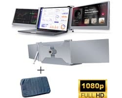 HoriVue Portable Monitor Max 15.6 Inch - Triple Screen - Full HD 60Hz - Extra Scherm Laptop - Draagbare Monitor - Laptop Scherm Uitbreider - Geschikt voor Apple en Windows - Inclusief Beschermhoes en Kabels - Tri Screen - Grijs