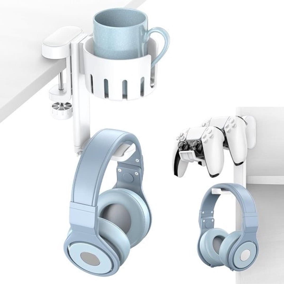 StayPowered Headset & Controller Houder - Perfect voor gaming setups - 3-in-1 design voor headset en controllers - Vervangbare bekerhouder - Krasbestendig - 360° Draaibaar - Eenvoudig te bevestigen - Wit - Levering Sneller dan Aangegeven! — afbeelding 1