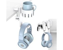 StayPowered Headset & Controller Houder - Perfect voor gaming setups - 3-in-1 design voor headset en controllers - Vervangbare bekerhouder - Krasbestendig - 360° Draaibaar - Eenvoudig te bevestigen - Wit - Levering Sneller dan Aangegeven!