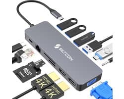 Siltcon® 13 in 1 Docking Station Laptop - Docking Station USB C - USB C Hub - 2x HDMI 4K - 100W Snelladen - RJ45 Gigabit - 1x VGA - 4x USB 3.0 - 2x USB-C - SD/TF - Audio 3.5MM - Spacegrey - 2026 model