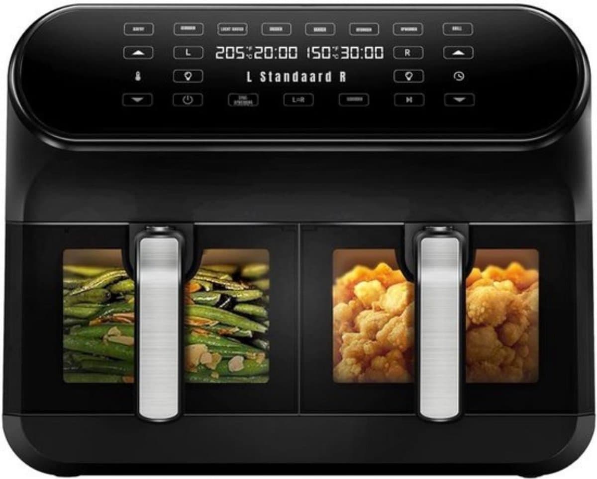 Luxe Dubbele Airfryer – Heteluchtfriteuse – Duo Airfryer – 10 Programma's – 2 Onafhankelijke Kookzones – XXL Design – 2400W – LED Display – Zwart — afbeelding 1