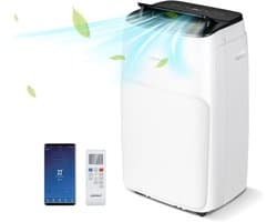 COSTWAY Mobiele airconditioning met afvoerslang, 14000 BTU, voor ruimtes tot 135 m³, 5-in-1 airconditioner voor koelen, verwarmen, ontvochtigen, ventileren en slaapmodus, app/afstandsbediening