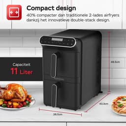 Turbotronic AF-500D - Dubbele Airfryer - 11L - Airfryer XXL - Heteluchtfriteuse - Dual Heating - 50ºC tot 200ºC - 6 Kookprogramma's - Zwart — thumbnail 4