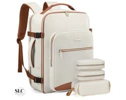 SLC Collection – Rugzak - 4 Delige Set - 40 Liter - Koffer - Beige - Bruin - Dames - Heren - Reistas - 17 inch Laptop Tas - Handbagage - Kledingtas - Schoenentas - 04T - Toilettas - 45x20x35cm - Backpacken - Reizen - Vliegtuig - Werk - Camping
