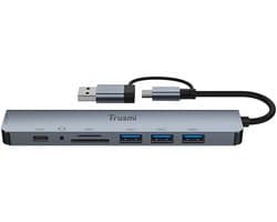 Trusmi DS01-01- 8-in-1 USB 2.0 - 3.0 -USB-C Multifunctioneel Dockingstation – USB-A & USB-C Poorten, SD/TF Card Reader, Opladen, Audiojack poort