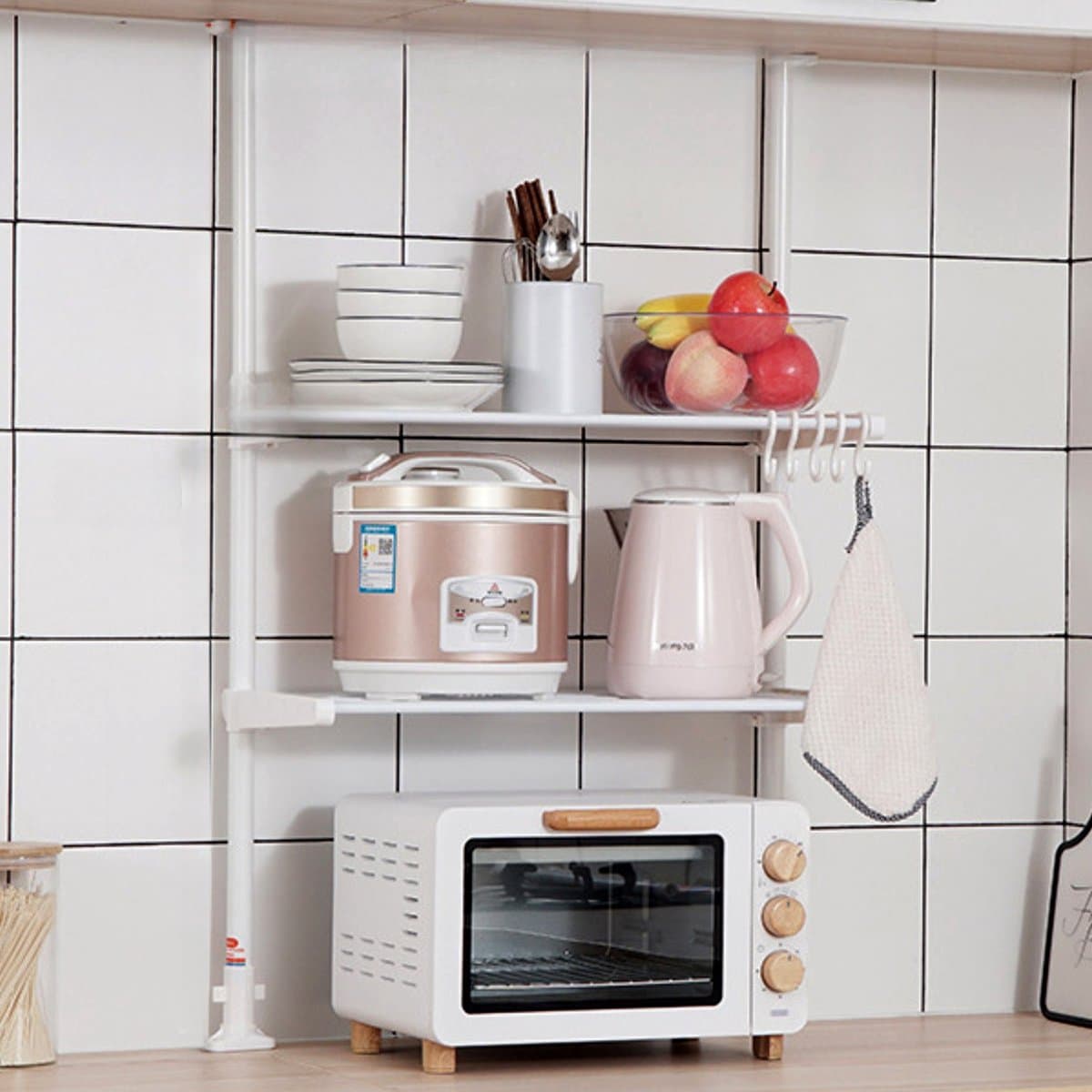 CHIWIN Magnetron Rek Uitschuifbaar - Keukenkast voor Magnetron - Magnetron Opbergrek - Magnetronkast - Keuken Organizer - met 5 S-vormige Haken - Geen Boren - voor Magnetrons, Koffiezetapparaten, Airfryers, Oven - Wit — afbeelding 1