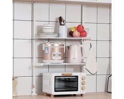 CHIWIN Magnetron Rek Uitschuifbaar - Keukenkast voor Magnetron - Magnetron Opbergrek - Magnetronkast - Keuken Organizer - met 5 S-vormige Haken - Geen Boren - voor Magnetrons, Koffiezetapparaten, Airfryers, Oven - Wit