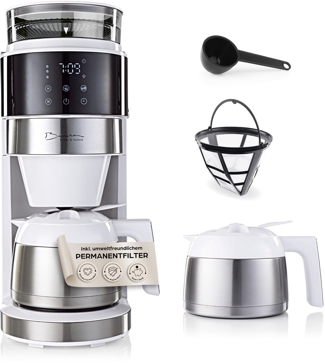 Barista koffiemachine met digitaal touchdisplay 800W wit met bonenmaler + thermoskan — afbeelding 1