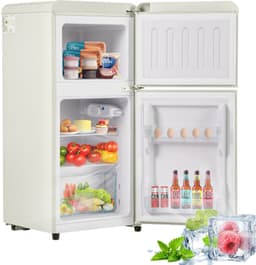 Retro koelkast. Freezer -combinatie. 88,8 cm hoog, 45,5 cm breed, twee dader, met een totaal van 60 liter totaal volume, 22 liter vriezervolume. 102 kWh/jaar, -27 ° C ∽ 13 ° C, LED -licht. Crème wit, energieniveau E. — thumbnail 1