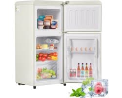 Retro koelkast. Freezer -combinatie. 88,8 cm hoog, 45,5 cm breed, twee dader, met een totaal van 60 liter totaal volume, 22 liter vriezervolume. 102 kWh/jaar, -27 ° C ∽ 13 ° C, LED -licht. Crème wit, energieniveau E.