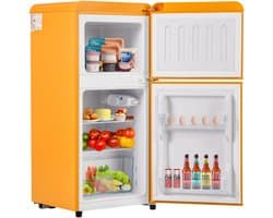 Retro koelkast. Freezer -combinatie. 86,8 cm hoog, 45,5 cm breed, twee dader, met een totaal van 60 liter totaal volume, 22 liter vriezervolume. 102 kWh/jaar, -27 ° C ∽ 13 ° C, LED -licht. Premium gele energieklasse E