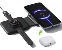 Blynk Magnetisch Duo Oplaadstation – Geschikt voor MagSafe – Draadloos 15 W – Opvouwbare oplader geschikt voor iPhone, AirPods & Apple Watch – Zwart