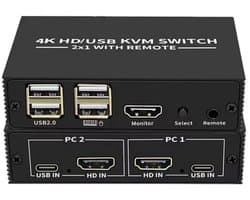 NÖRDIC KVM HDMI switch 2 in naar 1 uit - 4K@60Hz - 4x USB 2.0 - Voor PC, Laptop en Game consoles - Externe Switchknop - Plug & Play