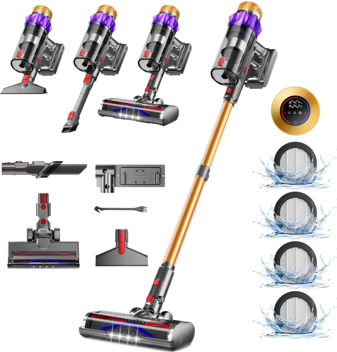 Elekiatech Steelstofzuiger - Steelstofzuiger Draadloos - 70000Pa - 3 Standen Zuigkracht - LED-Display - 2200 mAh Accu - 20–70 Min Werktijd - 1,8L - Met Meubelborstel - Voor Tapijt, Harde Vloeren en Dierenharen - Gold — afbeelding 1