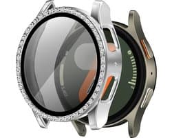 Bandz Diamond hoesje met screenprotector geschikt voor Samsung Galaxy Watch 7 - 44mm case - hard plastic beschermhoes - glazen screen protector - Full cover case + screenprotector (zilver))