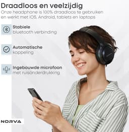 Norva P70 - Draadloze Noise Cancelling Koptelefoon - Bluetooth 5.3 Headphones - Over-ear Hoofdtelefoon - Met Microfoon en Opbergcase - 60u Batterij - Zwart — thumbnail 7