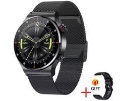 Knobbout 1,28" IPS inch Touchscreen smartwatch- Met de roterende knop wissel je snel tussen schermen- Persoonlijk Wijzerplaatontwerp - Bluetooth bellen en contacten synchronisatie - zwart staal+siliconen horlogeband