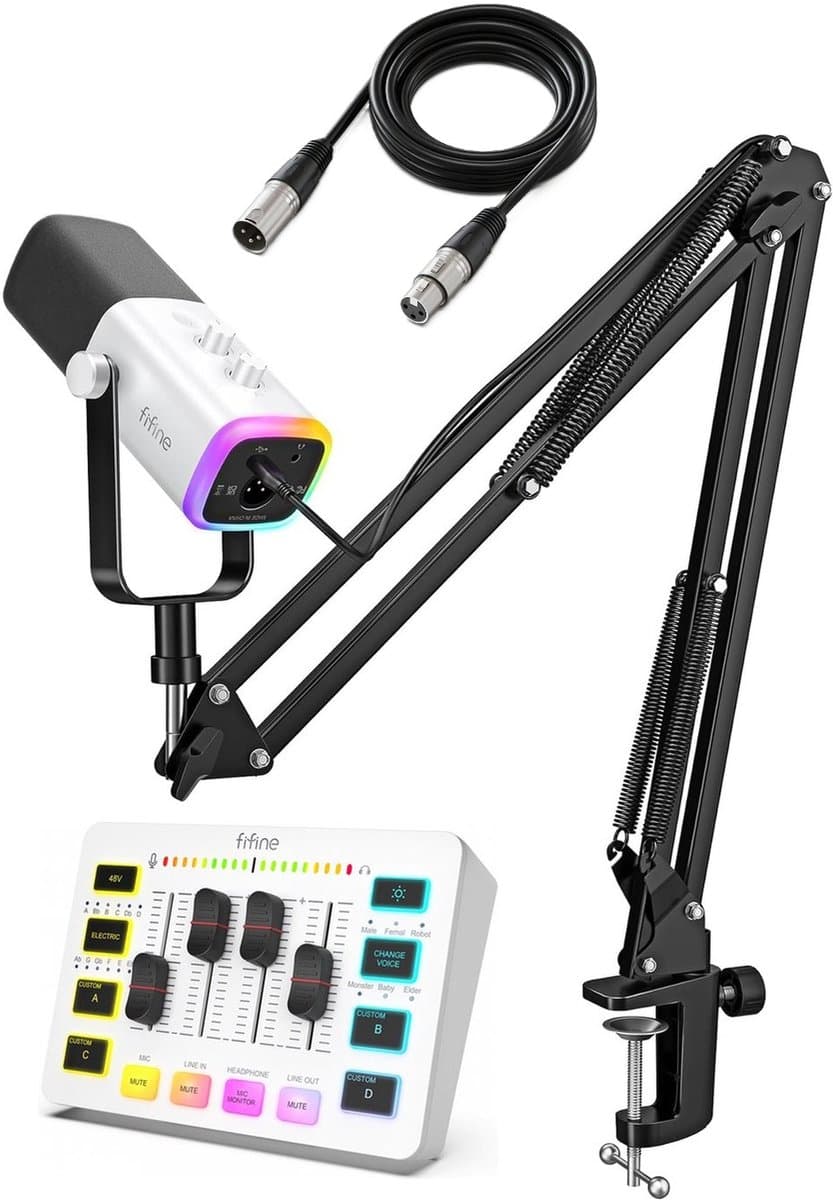 FIFINE - Starterspack 2.0 White - AM8T & SC3 - Podcast Starterspack - Gaming Streaming - Incl XLR Kabel - USB RGB Microfoon met Boom Arm - Streaming Deck - DJ Mixer — afbeelding 1