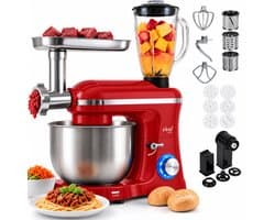 Vivid Green 2000W Keukenmixer - Vleesmolen, Blender & Pastamachine - Geschikt voor Zwaar Deeg - 6,2L Mengkom - Keukenmachine - Keukenrobot - Rood