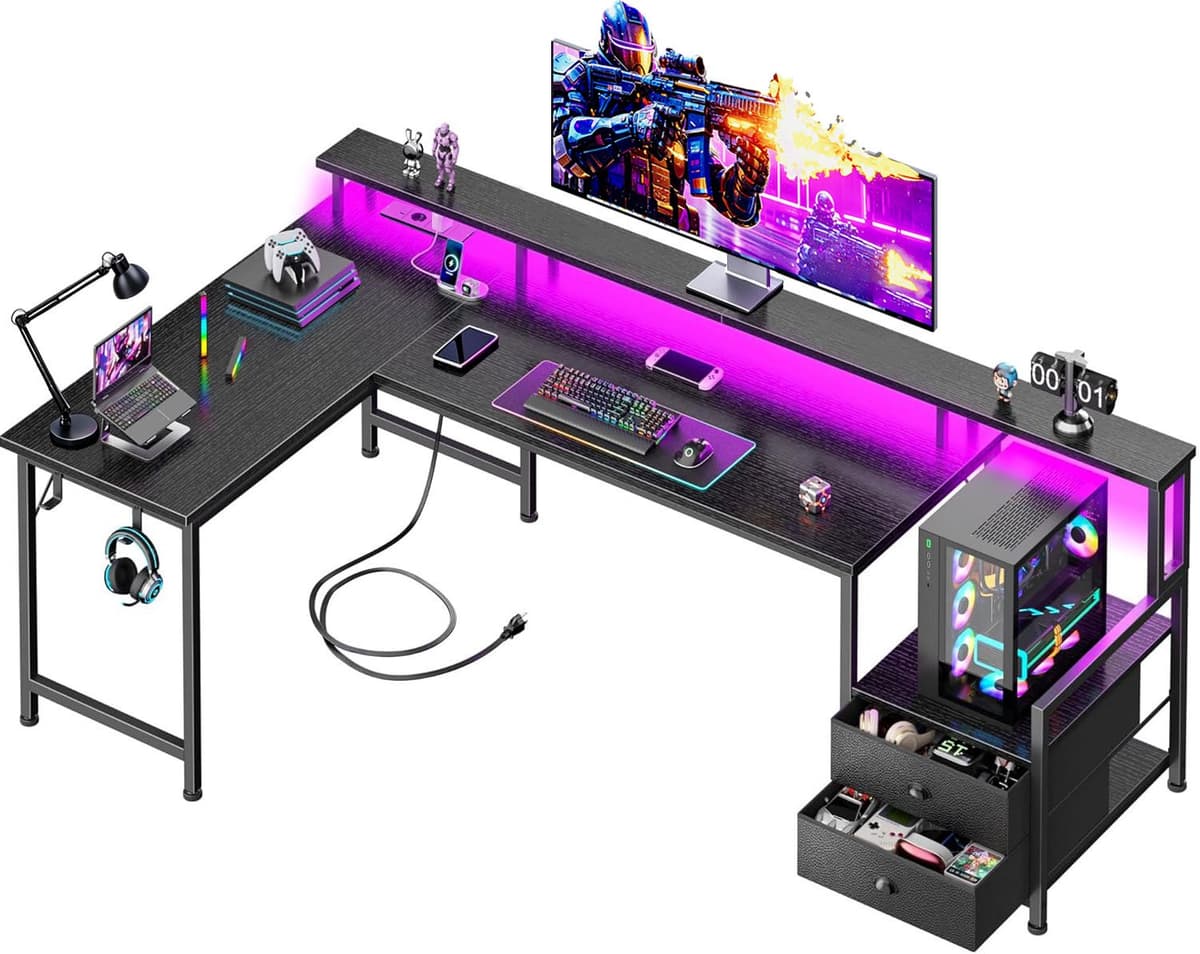 Gaming Bureau met LED Verlichting - 166L x 93H x 100B cm - L-Vormig Hoekbureau met Stopcontact - Met USB en Type-C-poort - 2 Non Woven Lade - Met IJzeren Haak - Gaming Desk - Gaming Computer Tafel met Monitorstandaard - Zwart — afbeelding 1