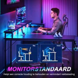 Gaming Bureau met LED Verlichting - 166L x 93H x 100B cm - L-Vormig Hoekbureau met Stopcontact - Met USB en Type-C-poort - 2 Non Woven Lade - Met IJzeren Haak - Gaming Desk - Gaming Computer Tafel met Monitorstandaard - Zwart — thumbnail 3