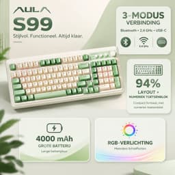AULA S99 Gaming toetsenbord-draadloos computer toetsenbord- Driemodus Bluetooth/2,4GHz/USB‑C-groen‑crème toetsenbord met nummerblok-99 toetsen-RGB-programmeerbaar-romige siliconen structuur — thumbnail 3