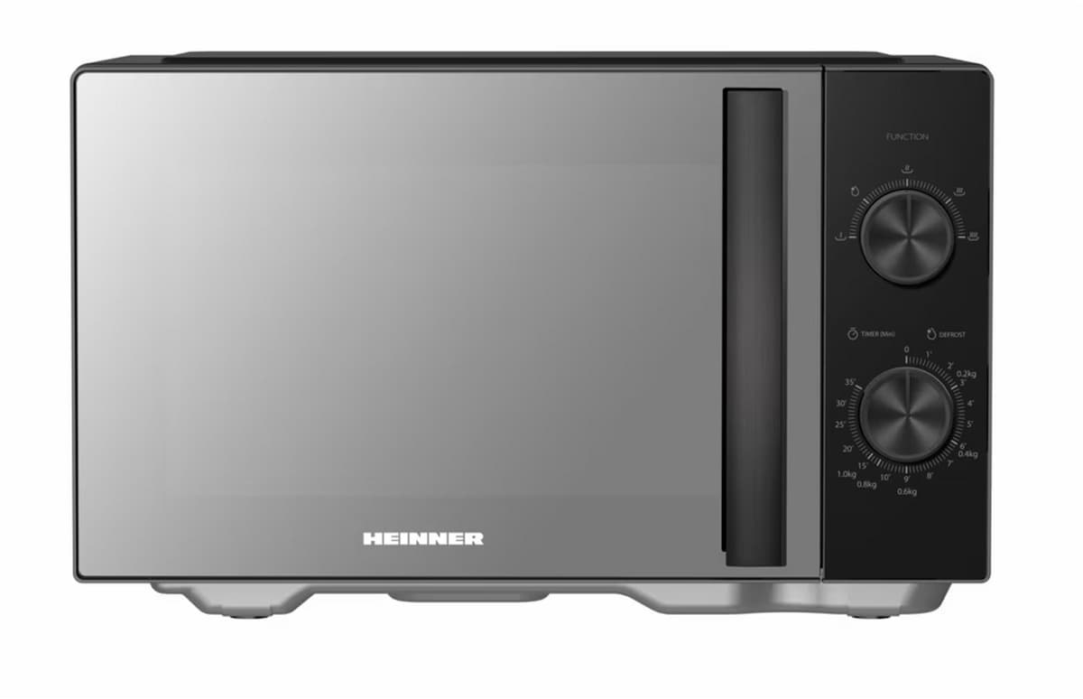 Heinner Vrijstaand Magnetron – 25 L – 800 W – 5 Vermogensstanden – Mechanische Bediening – Spiegelglazen Deur – 35 Min Timer – Ontdooifunctie – Geluidssignaal – Zwart – 5 Jaar Garantie — afbeelding 1