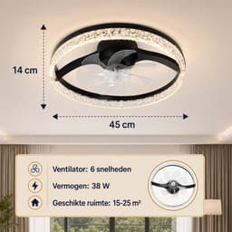 Rosnek Slimme Plafondventilator met Verlichting - Kristallen Plafondlamp met Ventilator - Stille DC-Motor - Zomer en Winterstand - Traploos Dimbaar - App & Afstandsbediening - 6 Snelheden - Ø 45 cm — thumbnail 3