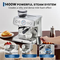 Espressomachine RVS met Bonenmaler - 42x40x48cm - Koffiemachine - 20 Bar Druk - 1400W - Afneembare 2.8L Watertank - met Stoompijp - Voor Thuis En Kantoor - Zilver — thumbnail 5
