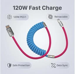 Oprolbare USB-A naar USB-C Kabel 2 Meter Nylon Gevlochten 120W PD3.1 Snelladen Kabel Telescopisch Voor iPhone 15 16 17 Pro Max Samsung Galaxy S23 Xiaomi Android Smartphones — thumbnail 5