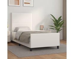 Bedframe met hoofdeinde, wit, 90 x 190 cm, kunstleer, hotelbedframe, logeerkamer, bedframe voor slaapkamer, familiebed, voor slaapkamer, hotel, logeerkamer