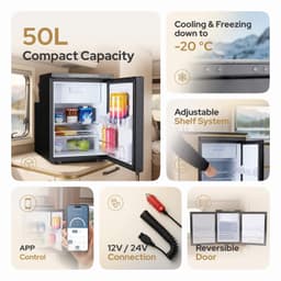 Compressorkoelkast 50 Liter – Camper Koelkast 12V/24V met Vriesvak tot -20°C – App Bediening – Zwart — thumbnail 5