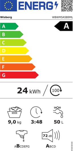 Wisberg WBWM5A5B9ML SmartDose - Wasmachine - Energieklasse A-50% - 9 kg - 1400 toeren - Automatische dosering - Stoomfunctie — thumbnail 2