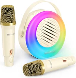 Karaoke-machine met 2 draadloze microfoons, Bluetooth-karaoke-luidspreker voor kinderen en volwassenen - Beige — thumbnail 1