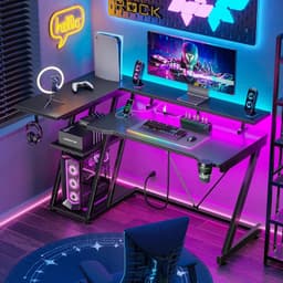 Gaming Bureau met LED Verlichting - 100 X 88 X 65 cm - L-Vormig Hoekbureau met Stopcontacten - Compact Game Bureau - Rek met 3 Niveaus - Met Monitor Standaard - Zwart Koolstofvezel — thumbnail 4