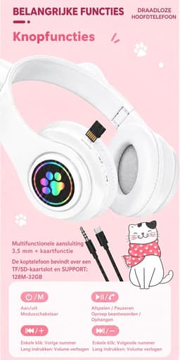 Kinder Koptelefoon Draadloos Bluetooth - Kinder Hoofdtelefoon - Draadloos Opvouwbaar Schattige Koptelefoon - Kids Headset - Over Ear-Bluetooth - Microfoon - Kattenoortjes met LED Verlichting - Wit — thumbnail 3