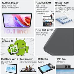 Tablet 10,1 Inch IPS Octa-Core - 4 GB RAM 128 GB Opslag - Android 16 Besturingssysteem - HD Scherm - Voor Multimedia En Productiviteit — thumbnail 3