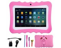 Kindertablet - Roze siliconen beschermhoes - Leertablet - 8 GB RAM + 128 GB opslag - Android 13 - USB-opladen - 7 inch - 1240*600 - Ondersteunt 3G, wifi en ethernet - Geschikt voor kinderen vanaf 3 jaar - Roze