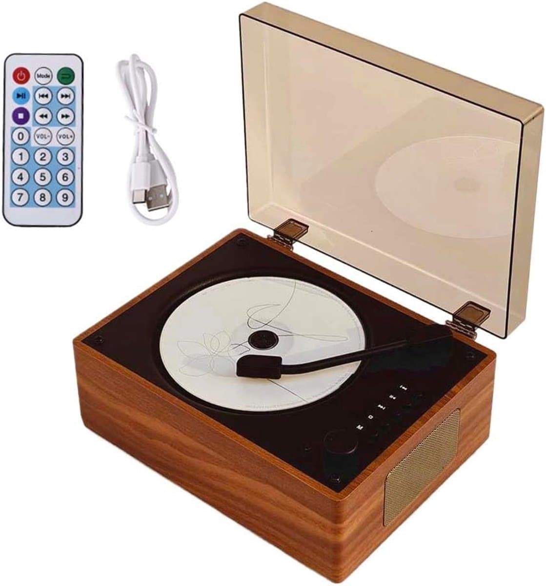 Draagbare cd-speler met Bluetooth en luidspreker, kleine retro dvd-speler met afstandsbediening, ondersteunt USB/AUX/Type-C, oplaadbare muziekspeler, 3,5 mm AUX desktop cd-speler (bruin) — afbeelding 1