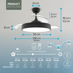 Varin® Smart Ventilator met verlichting - Zwart - Tuya Wifi - LED RGBW - Ø 50cm/108cm - 30W DC - Super stil - Smart lamp - Plafondlamp slaapkamer - Plafonniere woonkamer - Plafondlampen - Plafond lamp - Verlichting kinderkamer - Ventilator — thumbnail 3