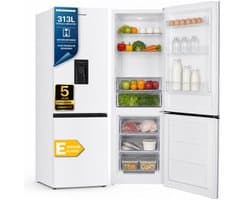 Heinner HC-HM313WDE++ Koel-vriescombinatie met Waterdispenser – 313 L – Energieklasse E – Instelbare Thermostaat – LED-verlichting – Omkeerbare Deur – Wit – 5 Jaar Garantie