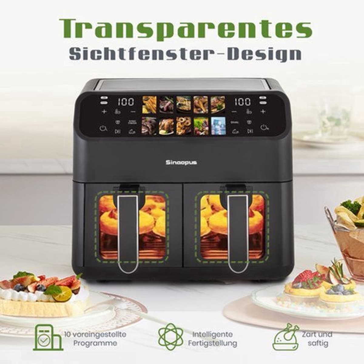 Heteluchtfriteuse Dubbele Korf - 9L Inhoud - 2000 W Vermogen - LED Touch Display - Olievrij Koken — afbeelding 1