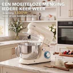 Keukenmachine 1300W Beige - Keukenmixer met 4,5L RVS Mengkom - 6 Snelheden met Pulsfunctie - Kneedmachine met Deeghaak, Garde en Klopper — thumbnail 2