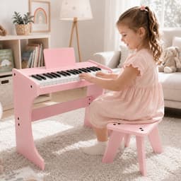 LEADZM Kinderdigitale piano- 37 toetsen - Compleet houten ensemble met bankje - Muziekontwikkelingspiano voor 3 jaar+ - Roze — thumbnail 4